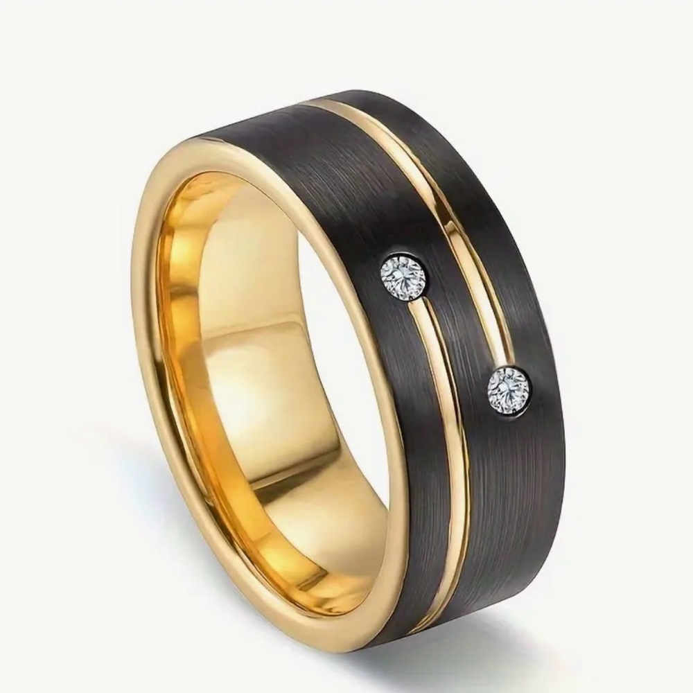 Men’s Gold and Black Stainless Steel Ring with CZ Accents 8 mm wide